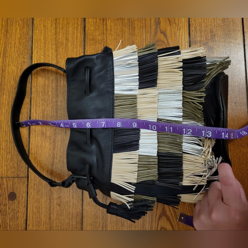 NWOT Loeffler Randall genuine leather fringe handbag purse. Black tan metallic - Picture 15 of 16